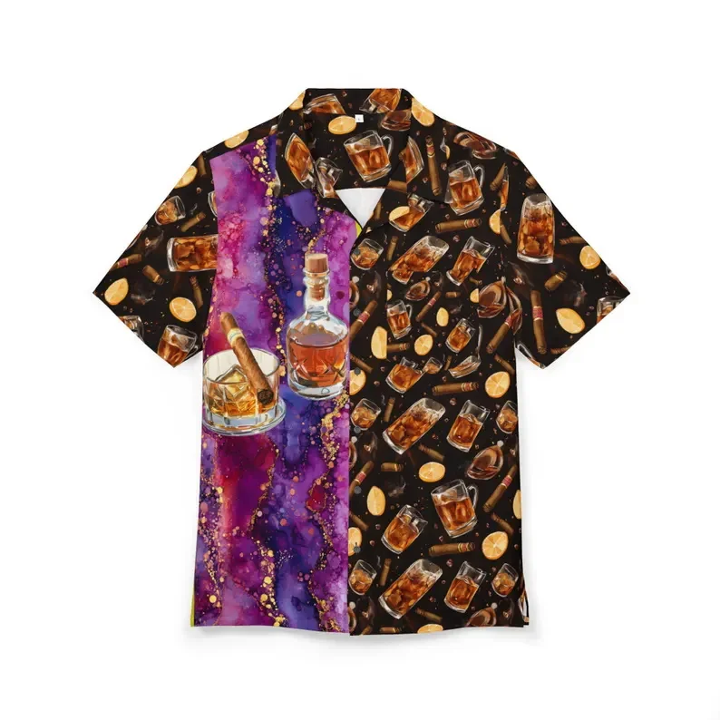 

Men's Cigar & Whiskey Print Hawaiian Shirt Retro Watercolor Style Short Sleeve Button Down Surfing Shirts Casual Party Wear