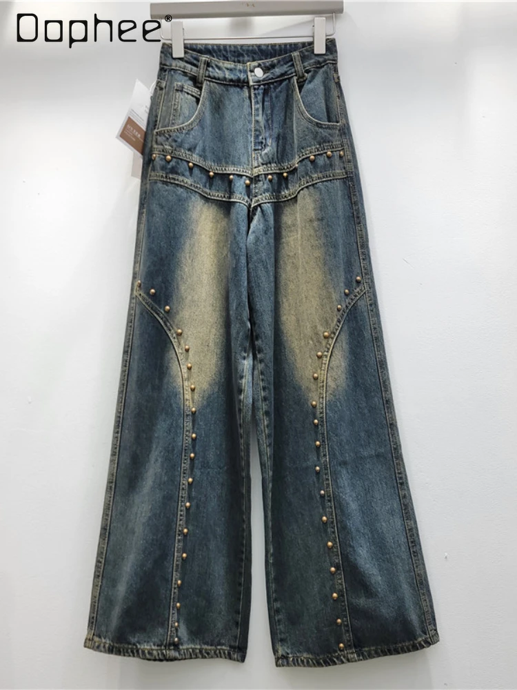 

Retro Washed Worn Jeans Women Autumn and Winter High Waist Slimming and Straight Rivet Wide Leg Pants High Waisted Jeans