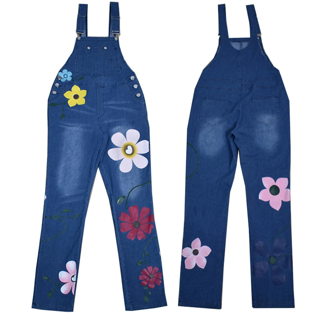 VOLALO S-5XL Overalls for Women Floral Print Pockets Washable Denim Overall Jumpsuit Suspender Trousers Pants Casual Overall