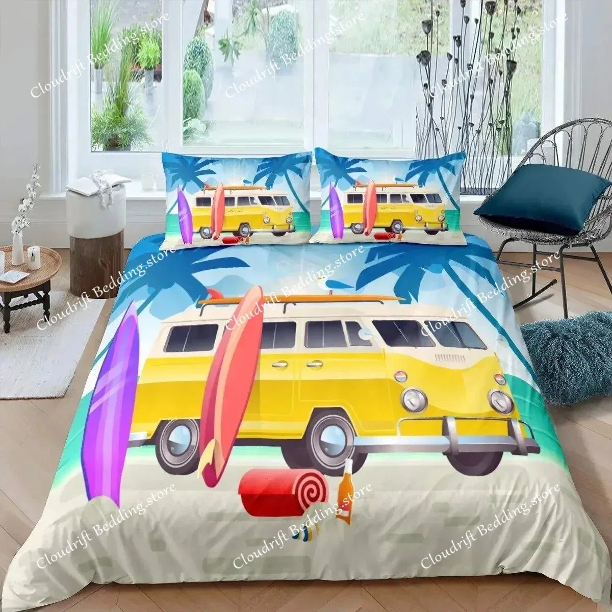 Surf Duvet Cover Set Beach Printed Hawaii Vacation Bedding Set for Adult Women Girl Tropical Botanical Polyester Comforter Cover