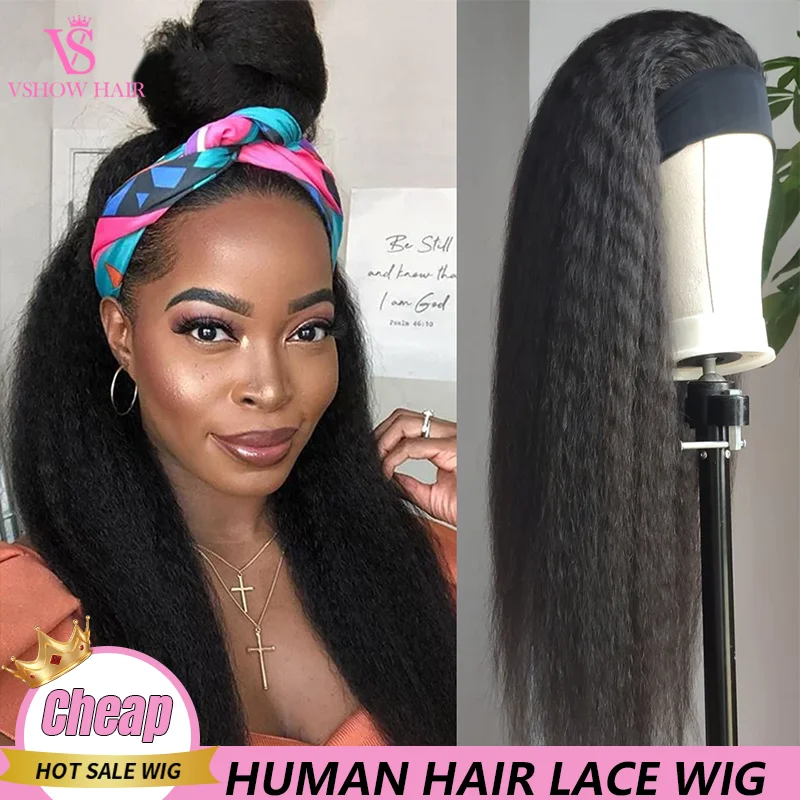 VSHOW Kinky Straight Headband Wig Human Hair Glueless Full Machine Made Brazilian Yaki Headband Human Hair Wigs For Black Women