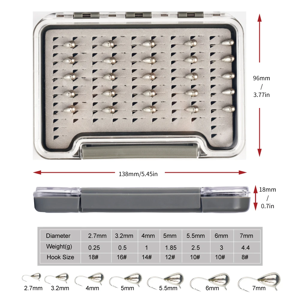 MUUNN 25pcs Tear Drop Tungsten Ice Fishing Jig Head Set,Boxed 2.7mm 3.2mm 4mm 5mm 5.5mm 6mm 7mm Hook Winter Bait 0.25g-4.4g