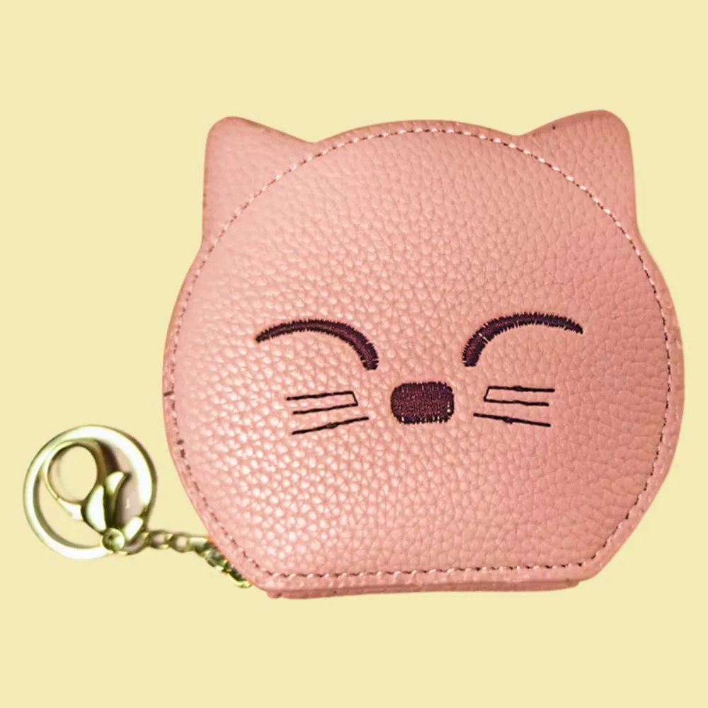 

Ins PU Leather Pu Cosmetic Bag Keychain with Makeup Mirror Cat Shape Makeup Bag Cute Zipper Pouch Mini Storage Bag Student