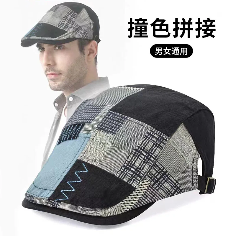 High Quality Pure Cotton Beret Men Patchwork Checkered Hat for Women Summer Fashion Retro Sunshade Protection Baseball Cap Male