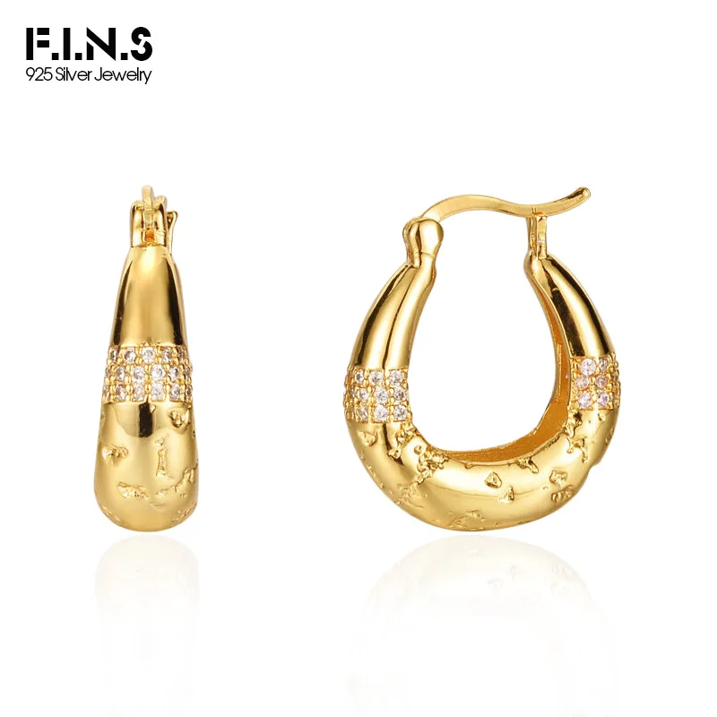 F.I.N.S Original Exaggerated S925 Sterling Silver Zircon Hoop Earrings Texture Uneven Round Arc-Shaped Piercing Ear Buckles