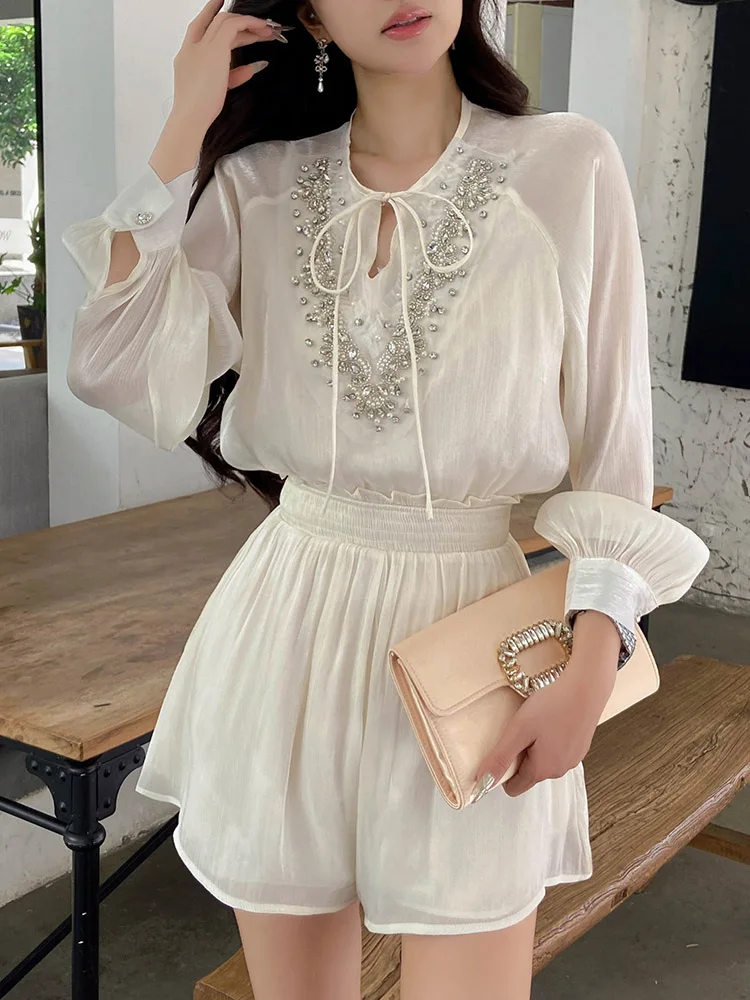 DABUWAWA Tienda Vestidos Elegantes Para Mujeres 2 Piece Sets Women Outfit Suit Diamonds Blouses Gauze Satin Short Y2K DA1BSE019