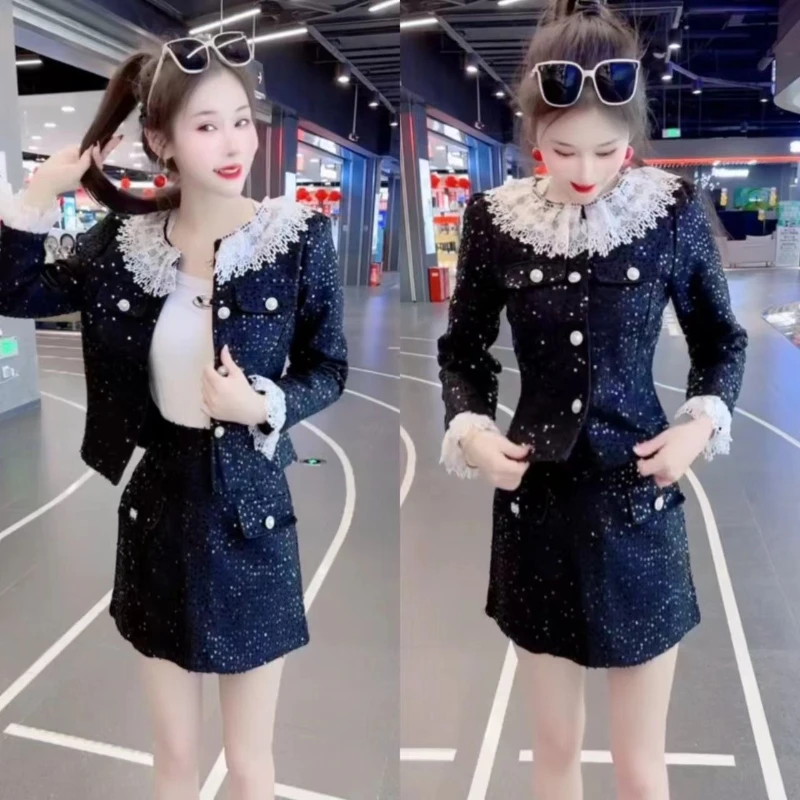 

Женское осеннее новое элегантное милое модное пальто для похудения, полуюбка, комплект из двух предметов, комплект с блестками для тяжелой промышленности