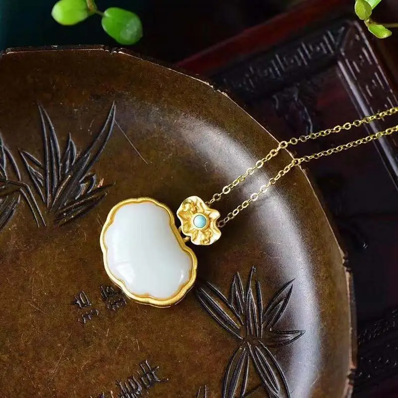 Natural Hetian jade lotus canopy Pendant Necklace Chinese style retro unique ancient gold craft elegant women silver jewelry