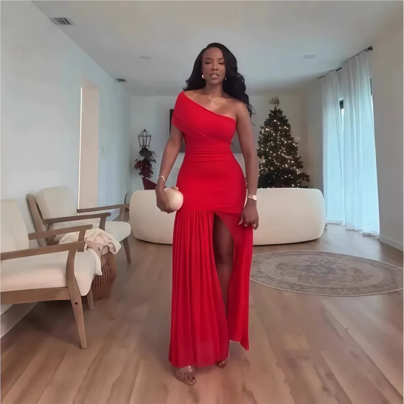 Women Long Dress Elegant Summer Sleeveless Slope Neck Pleated Slim Fit Slit Party Dresses One Shoulder High Waist Evening Dress