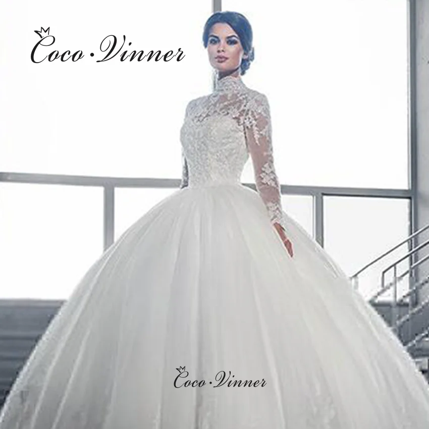 

Customized High Neck Long Sleeves Muslim Wedding Dress Ball Gown Lace Appliques With Beading Classic Bride Dresses Women W0019
