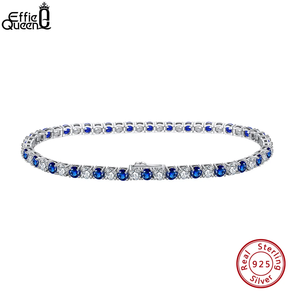 EFFIE QUEEN 925 Sterling Silver Blue Sapphire Tennis Bracelet 3mm Shiny Zircon Party Wedding Gift Women's Bracelet Chain SB137