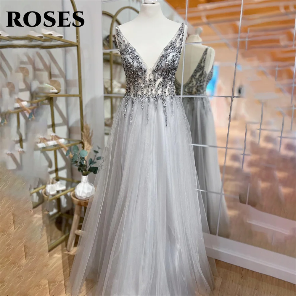 

ROSES V Neck Evening Gown Appliques Beading Elegant Prom Dress Backless Tank Sleeveless Wedding Evening Dress robes de soirée