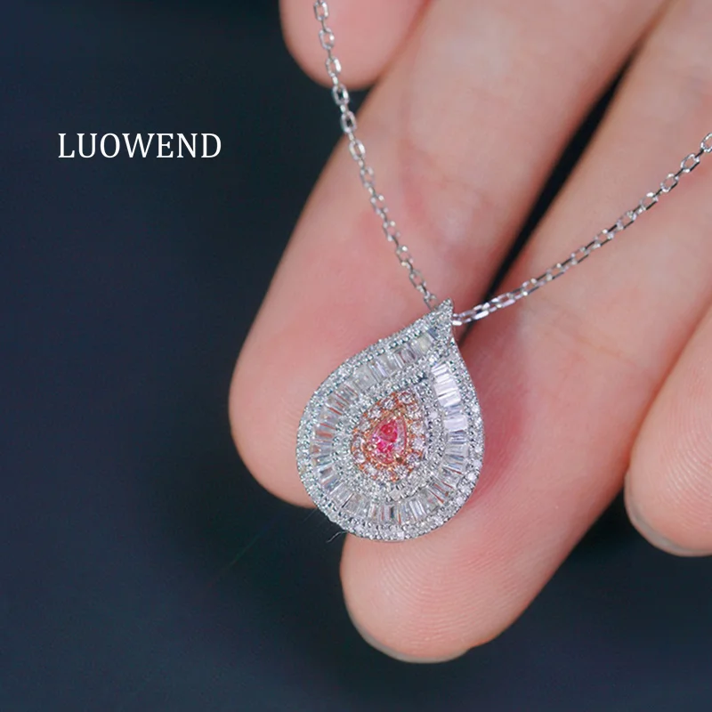 LUOWEND 100% 18K White Gold Necklace Romantic 0.45carat Real Natural Pink Diamond Pendant Necklace for Women Christmas Gift