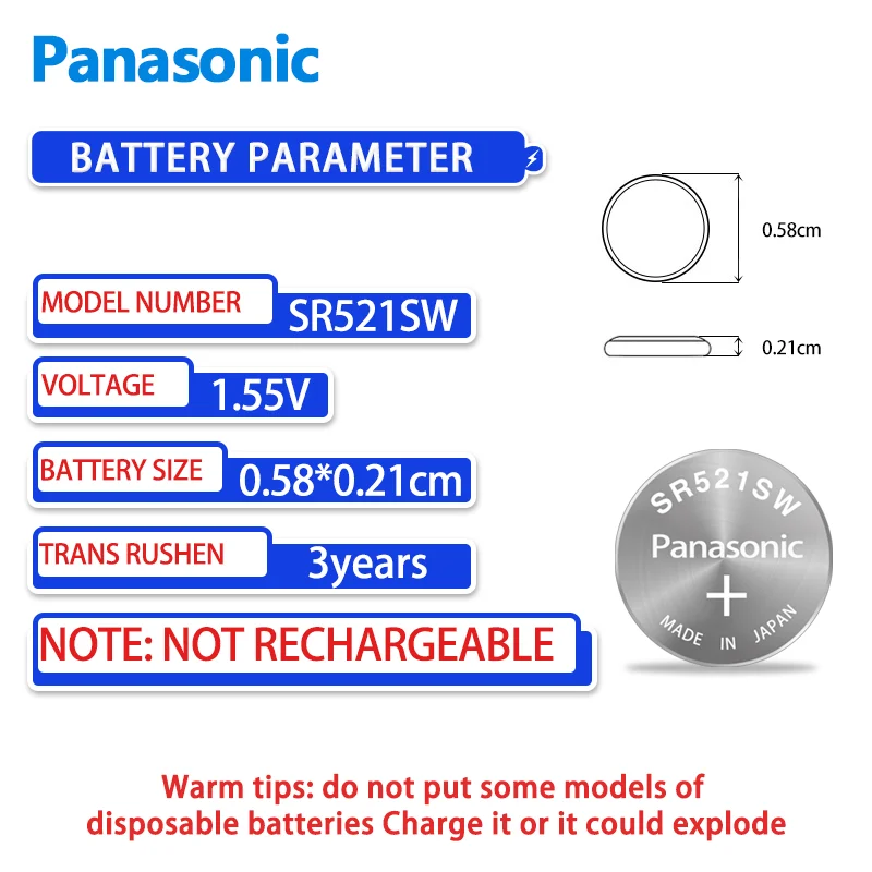 Panasonic-Batería Electrónica de botón SR521, 1,55 V, adecuada para Casio Longines Cartier Blue Balloon Innauge