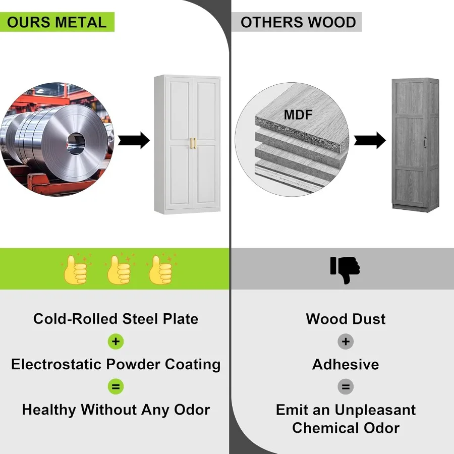 خزانة ملابس بأبواب مقاس 71 بوصة، خزانة ملابس مع خزانة معدنية بقضيب مفصلي مع رفين قابلين للتعديل لغرفة النوم