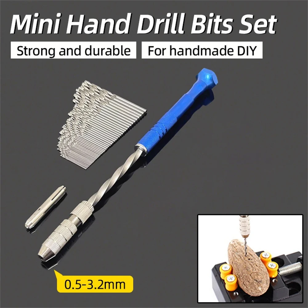 Blue Extended Semi-automatic 0.5-3mm Hand Drill with Small Twist Drill Bit, Amber Plastic Circuit Board Drilling Hole DIY Tools