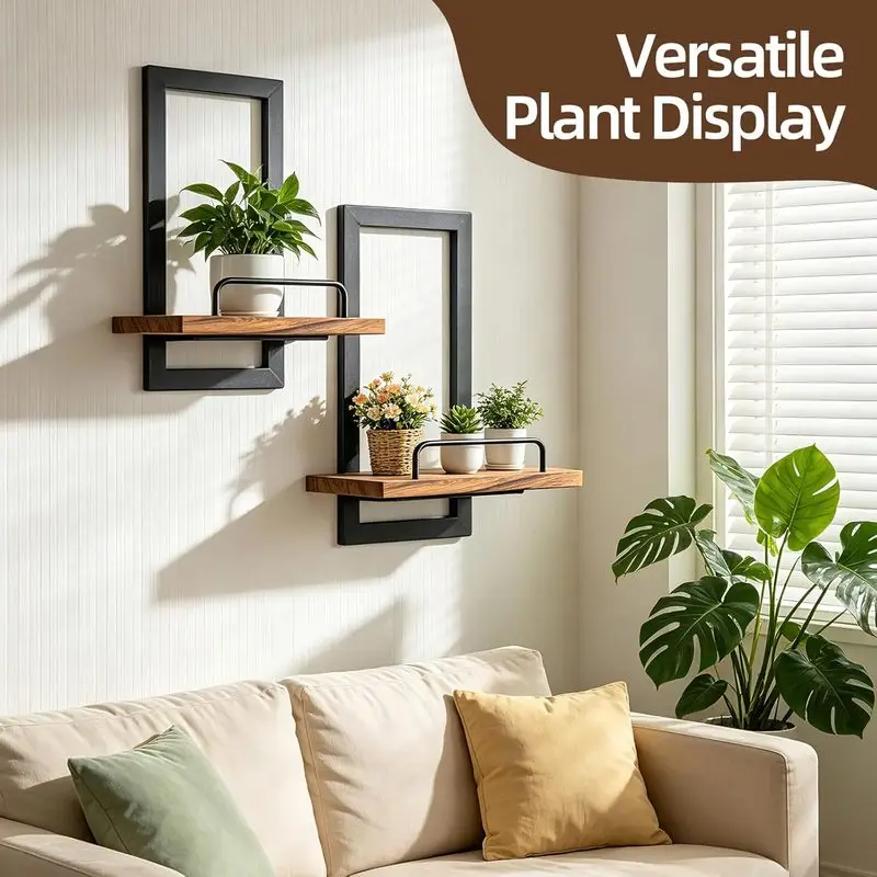 Wall-mounted metal floating shelves with guardrails, plant shelves, rustic-style wooden hanging display shelves for bathrooms, b