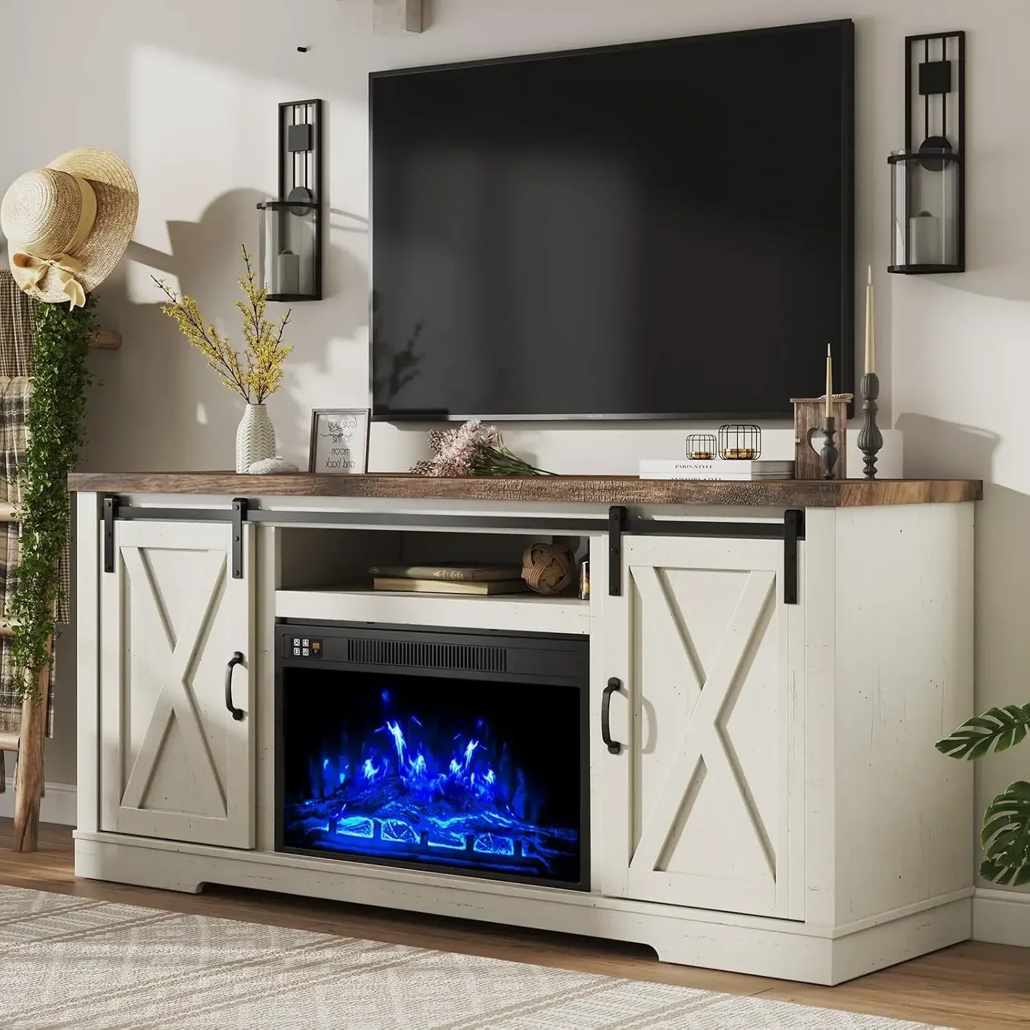 home.Fireplace TV Stand with Sliding Barn Door for TVs up to 73