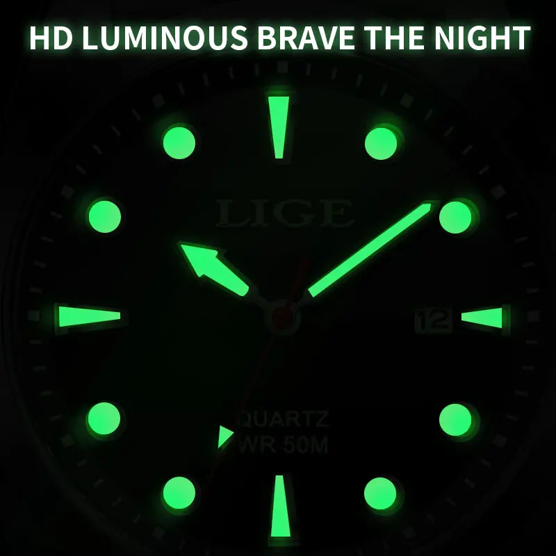 LIGE Mens Watches 5ATM Sports Waterproof Quartz Wristwatch Luminous Date Clock Watch for Men Relogio Masculino+Box