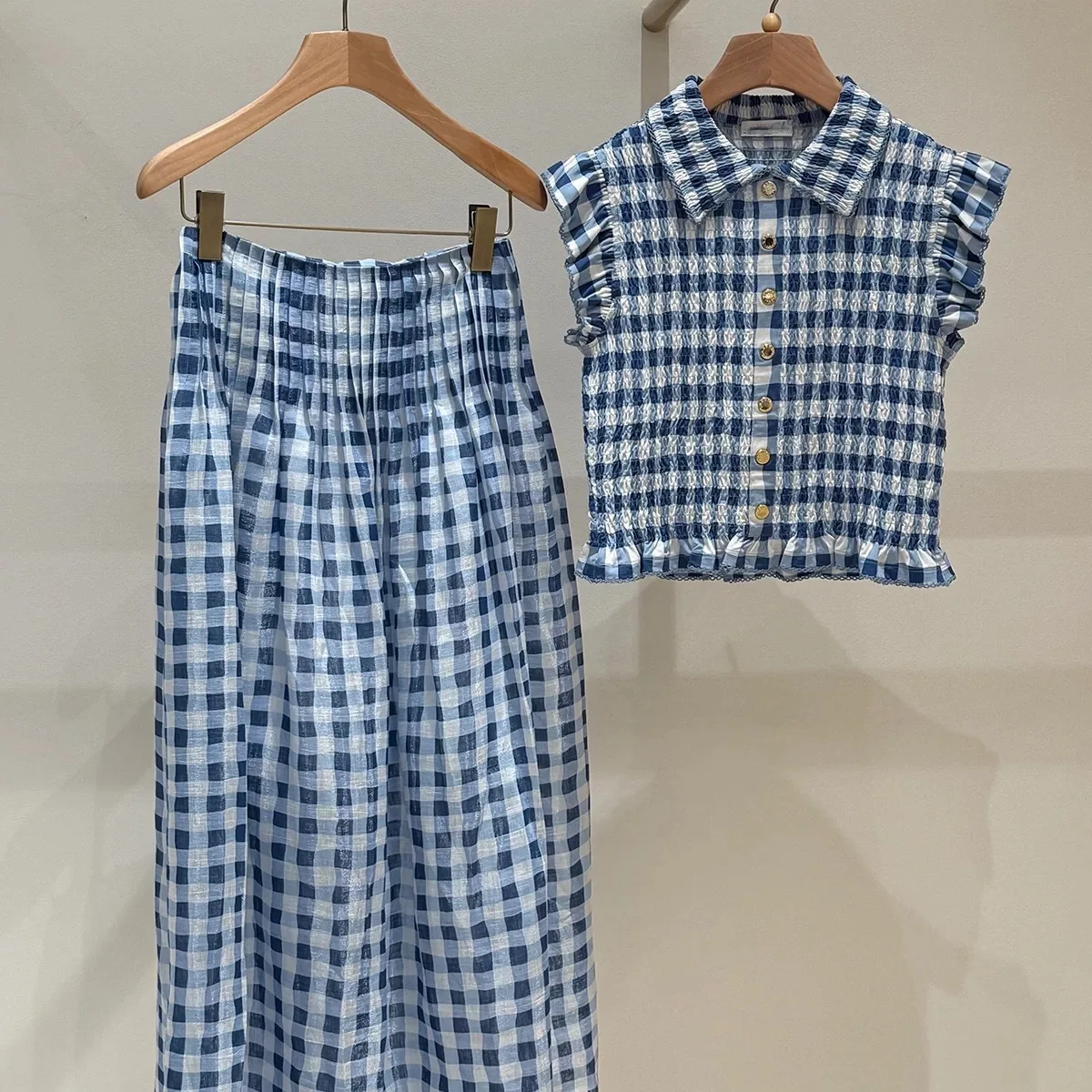 Fashionable Sweet Blue And White Plaid Vest Strap Shirt Short Skirt Dress High Waist A-Line Skirt Spring Summer Ladies Dress