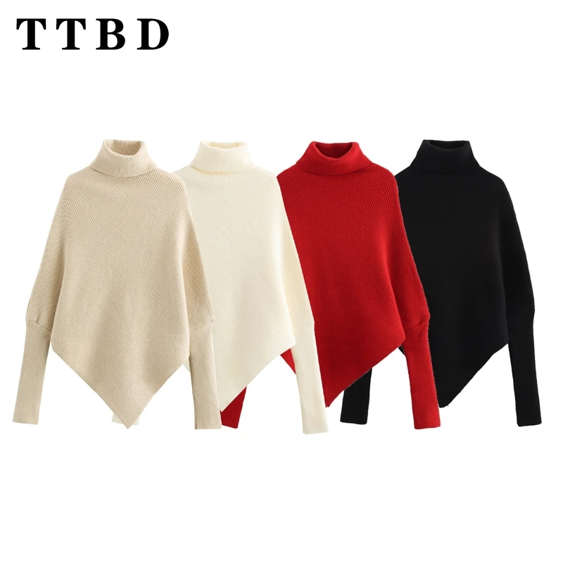 TTBD 2024 Winter Female Fashion Long Sleeve Knit Top Pullover Minimalist Autumn Woman Turtleneck Collar Jumper Irregular Sweater