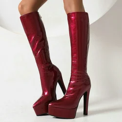 Yellow Blue Silver Women Knee High Boots Platform Square High Heel Ladies Calf Boots Patent PU Leather Pointed Toe Sexy Boots