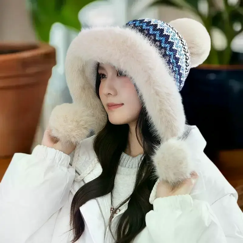 Chapéu lei feng quente forrado de lã engrossado para mulheres malha jacquard padrão proteção de ouvido chapéu à prova de frio versátil chapéu casual