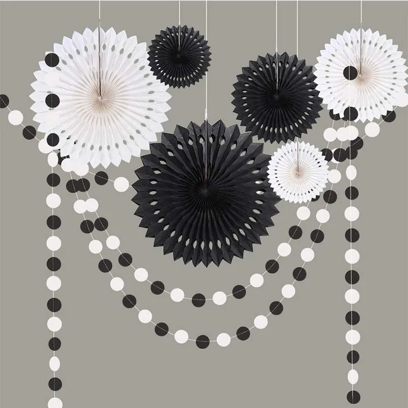 8Pcs Black White Halloween Birthday Party Backdrop Decorations for Hanging Pompom Fan Garland Streamer Graduation Party Supplies