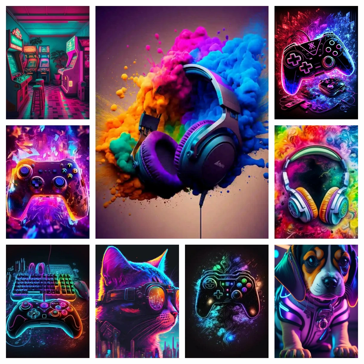 

Colorful Neon Game Controller AB Drill Diamond Painting Brand New Embroidery Fantasy Headphones Cross Stitch Kit Home Decor Gift