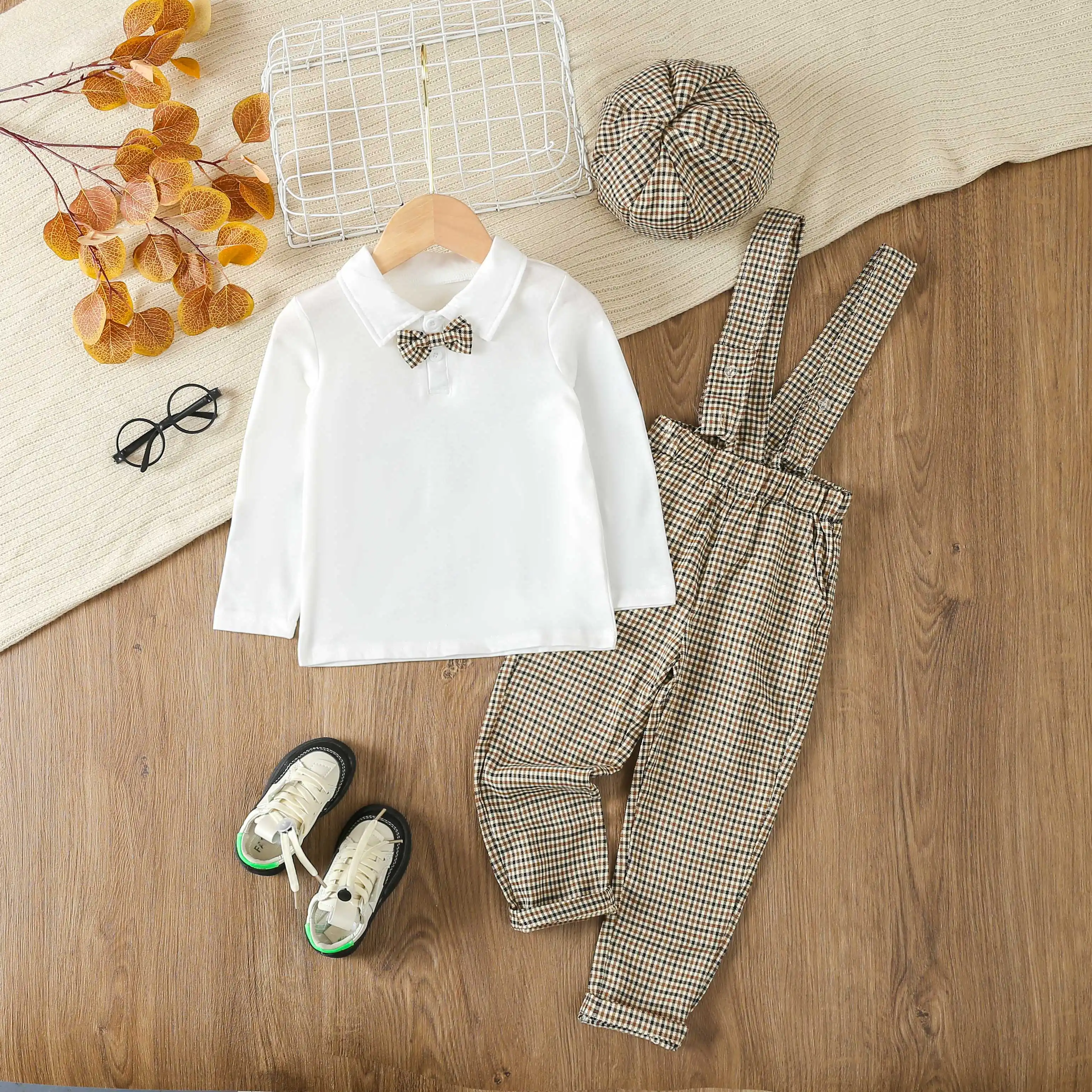 

Костюм Джентльмена в клетку для мальчиков, комплект со съемными подтяжками, повседневная детская одежда