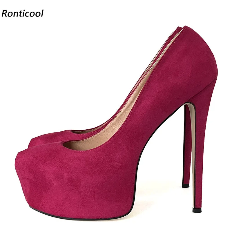 

Ronticool Handmade Women Platform Pumps Suede Thin Heels Round Toe Pretty Fuchsia Red Pink Dress Shoes Ladies US Plus Size 35-52