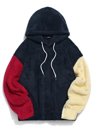 ZAFUL Color-blocking Splicing Fuzzy Fleece Pullover Hoodie