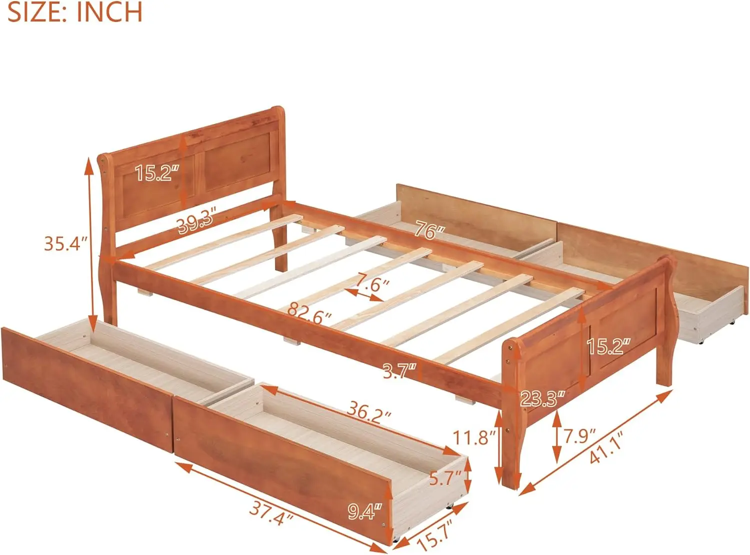 Twin Size Wood Platform Bed With 4 Drawers And Streamlined Headboard & Footboard,Oak,Beds, Frames & Bases 106.92Lbs,2131