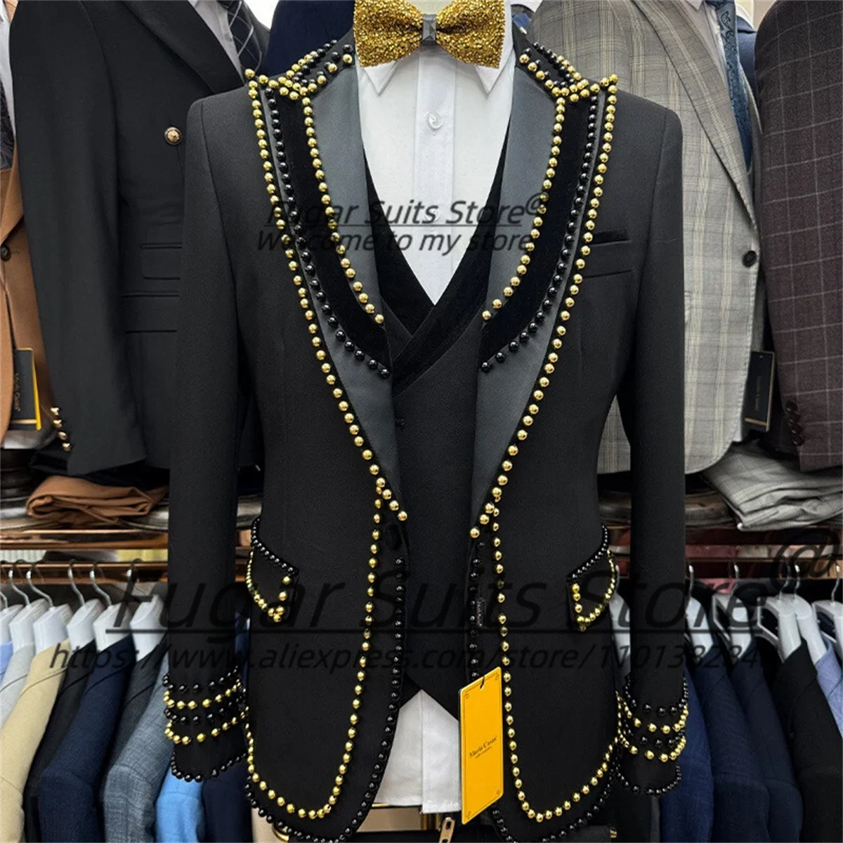 

Customized Gold Black Pearls Formal Men Suits Slim Fit Peak Lapel Groom Wedding Tuxedos 3 Pcs Sets Male Prom Blazers Ropa Hombre