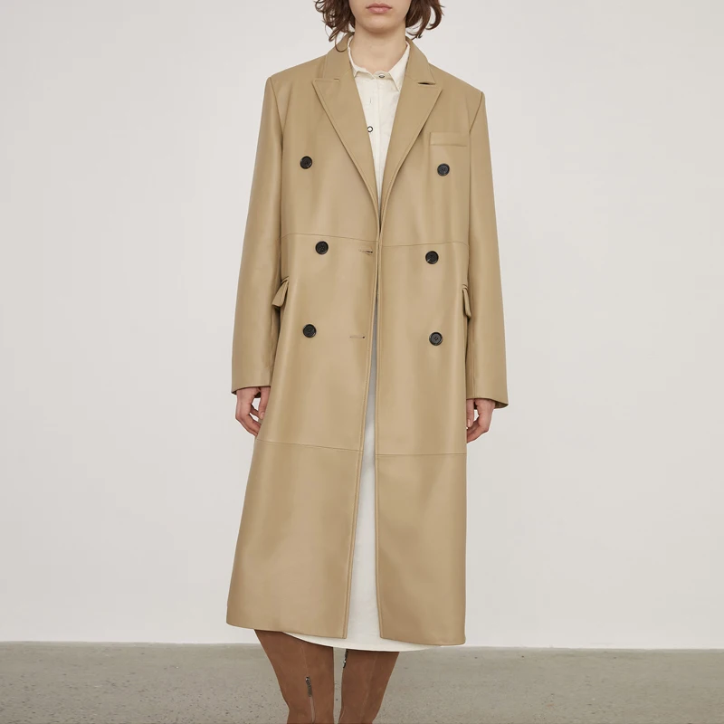 Trench lungo in pelle di agnello 100% donna cappotti in vera pelle di alta qualità da donna dritti larghi doppiopetto