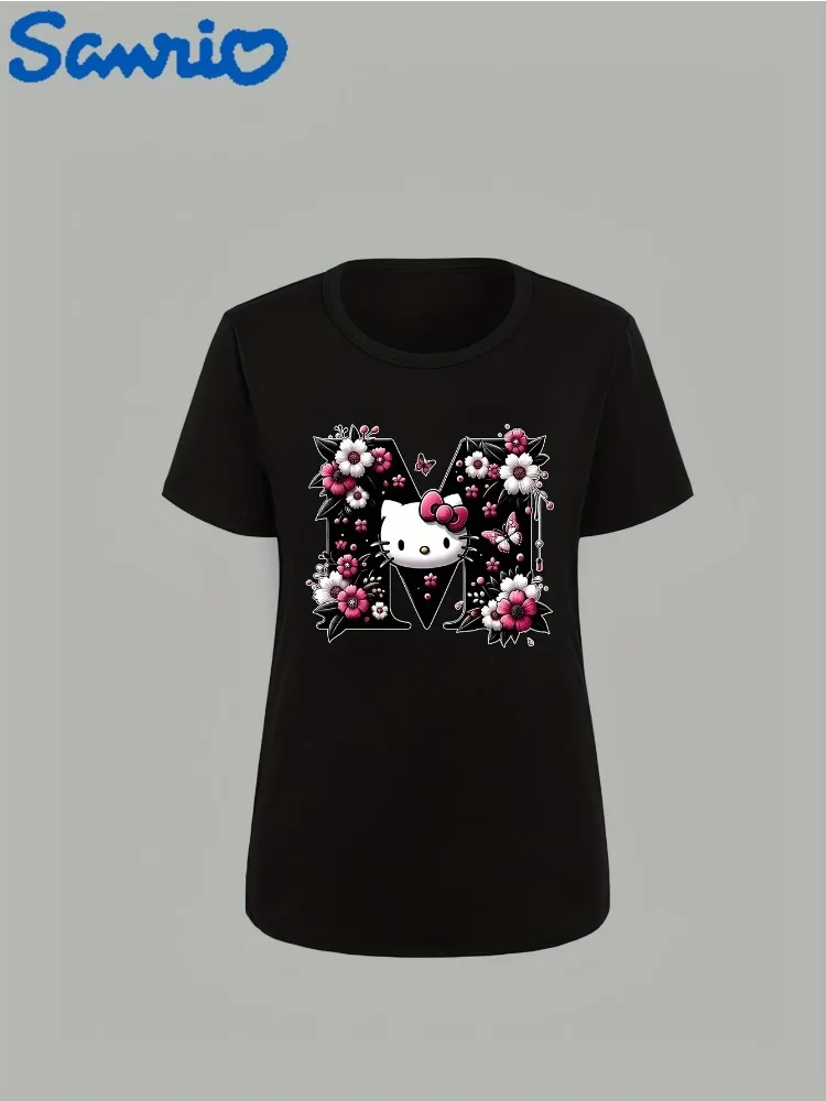 

Sanrio Hello Kitty футболка с цветочным узором, милая женская футболка с круглым вырезом и цветочным дизайном, повседневная рубашка на весну, лето и осень