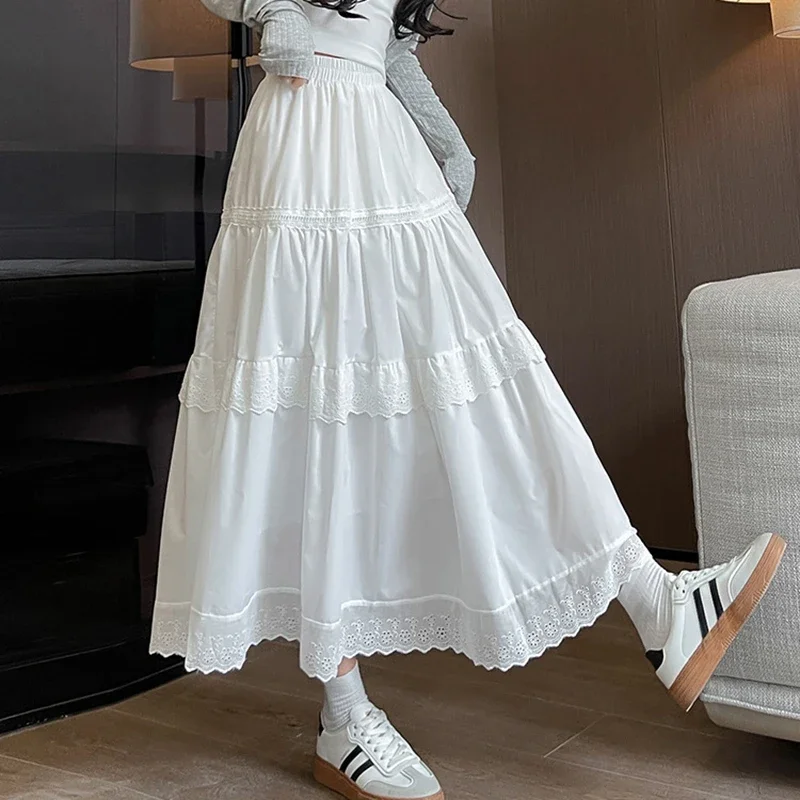 

Korean Chic Lace Patchwork Long Skirt Women Summer High Waist A Line White Cake Skirts Woman All Match Mid Length Skirt Female