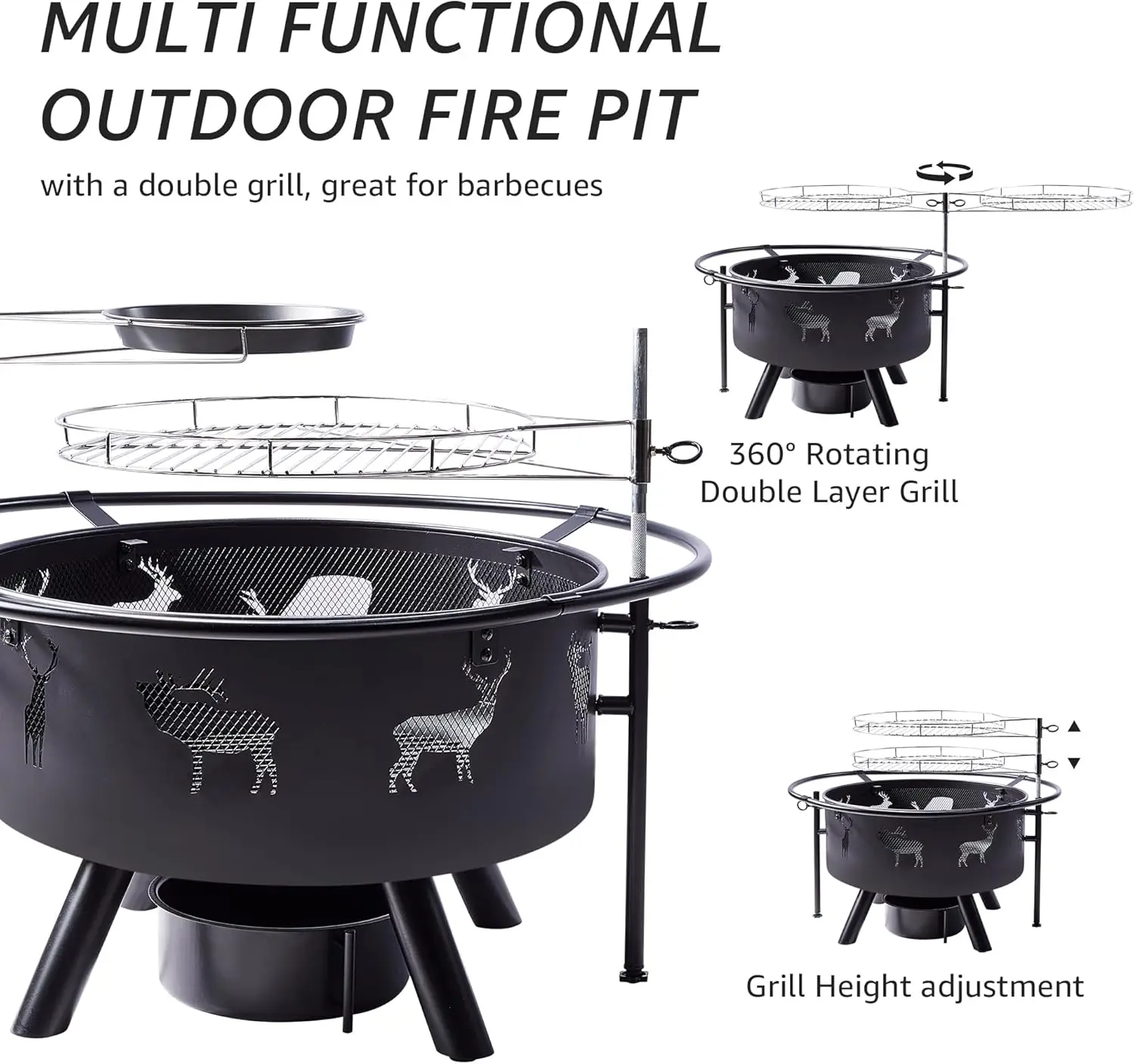 32 Inch Large Fire Pit with 2 Grills, Outdoor Wood Burning Fire Pit with Cooking Grate, Lid, Poker and Round Waterproof Cover