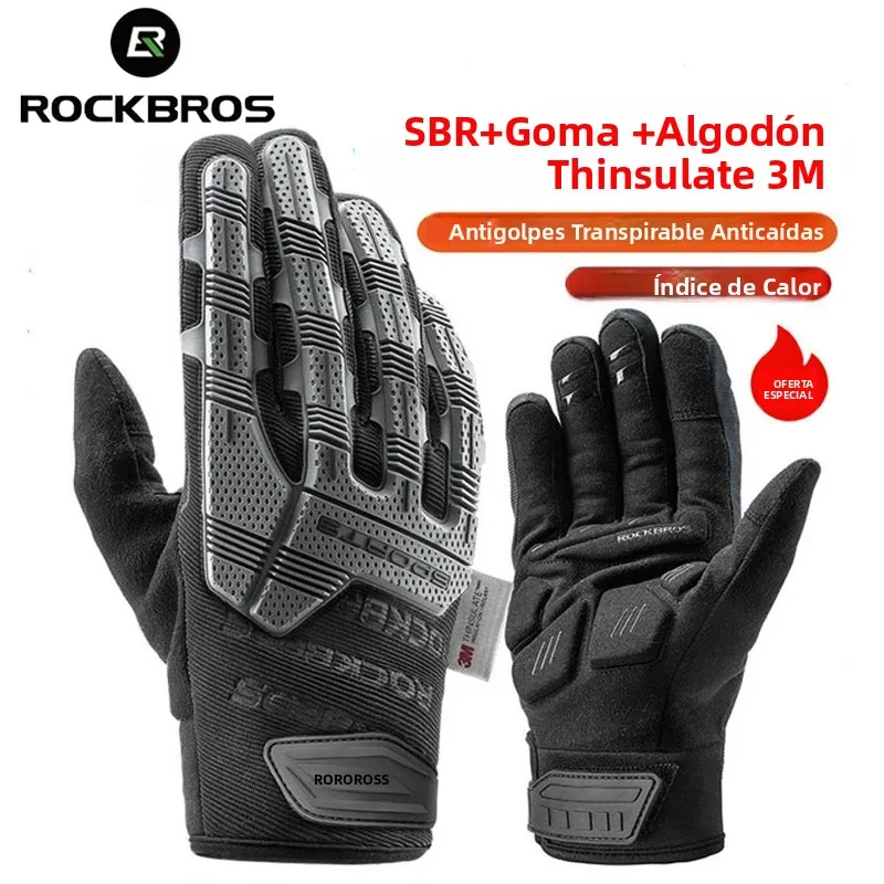 Guantes de Ciclismo ROCKBROS, Almohadilla Gruesa de SBR, Antideslizantes, Transpirables, con Gel, Guantes de Invierno para Bicicleta, Guantes Deportivos de Dedos Completos para MTB