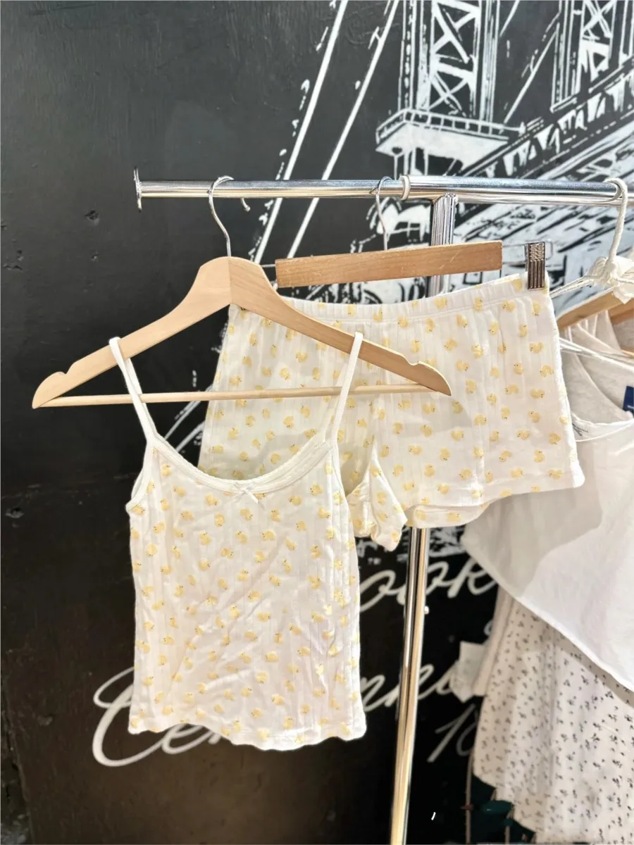 Little Yellow Duck Print Camis Women Summer Lace Trim Bow Decor Sleeveless Crop Top Vest Sweet Cute Casual Y2k Tank Tops Chic