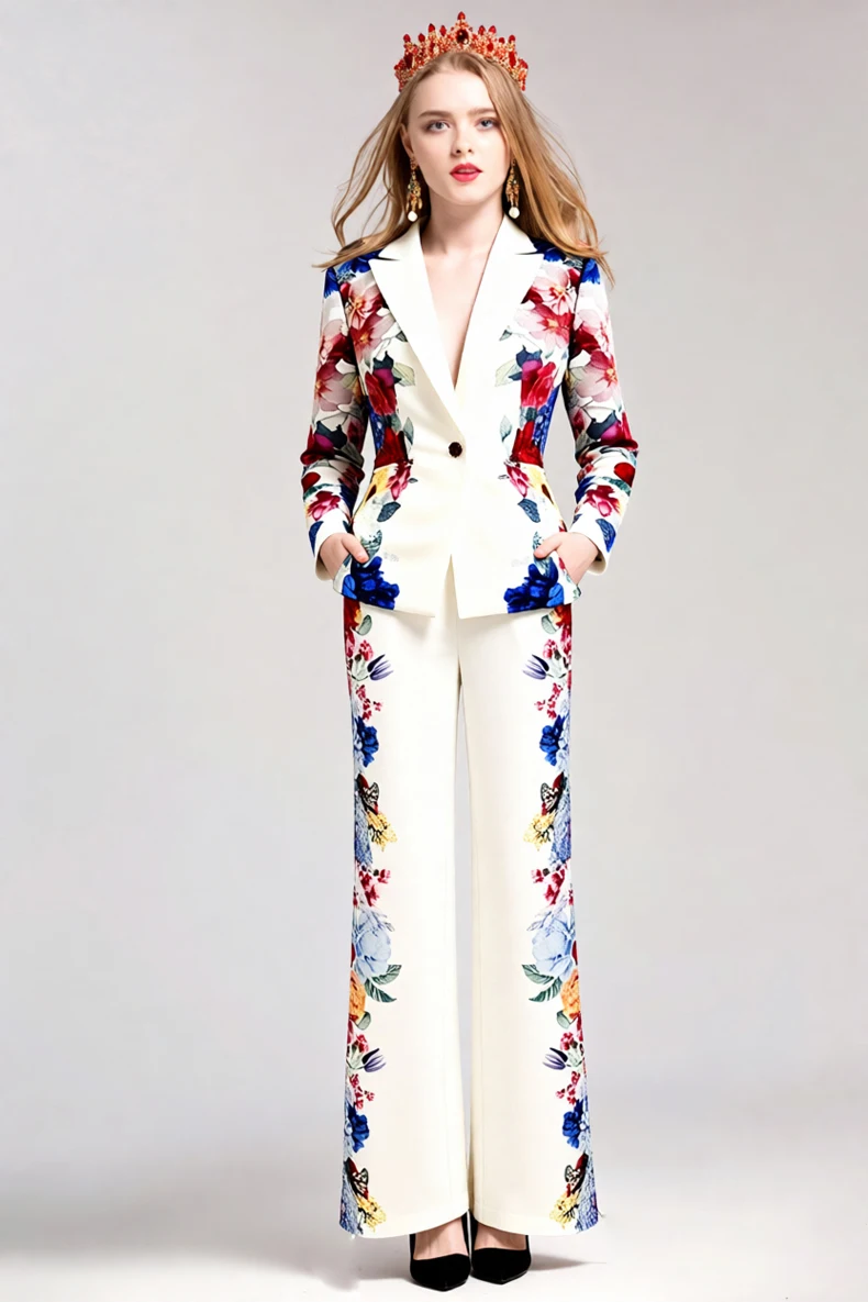 Women's Floral Print Blazer and Wide Leg Pants Suit - Elegant Office to Party Two Piece Set with Vibrant Colorful Flowers Design
