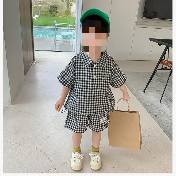 Children Clothing Boys Spring Summer Suit 2023 Short Sleeve Plaid Shirt and Shorts Handsome Cool Handsome Casual Two Piece Sets