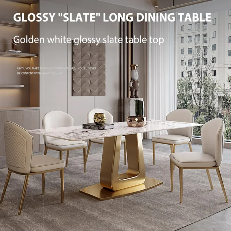 

Modern Golden Luxurious Dining Room Office Single Steel Base Plate Kitchen Glossy Rock Board Designer Muebles Unique Furniture