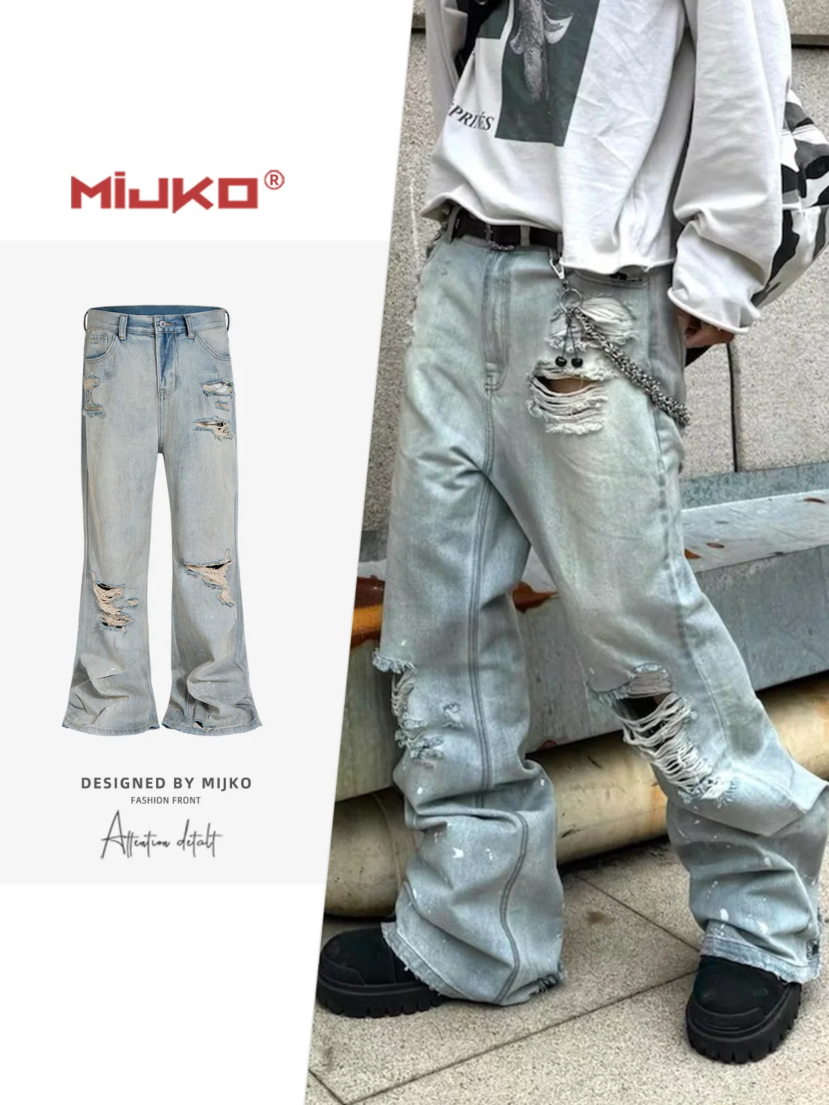 MIJKO Unisex Ripped Slub Jeans Flared Splatter Paint Wide Legged Blue Denim Pants Men's Women's Washed TJ162