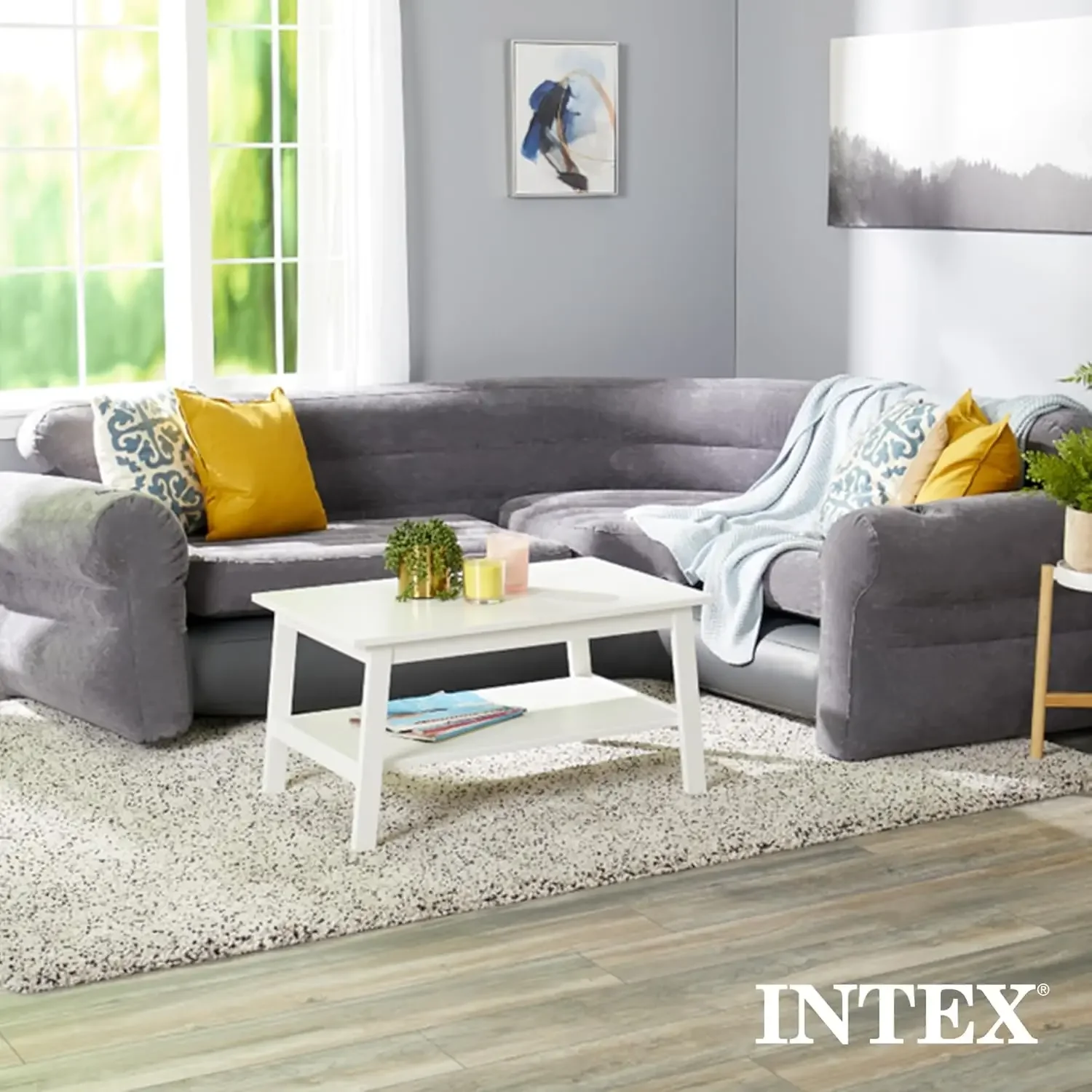 Inflatable Corner Sofa: L-Shaped Indoor Use 2-in-1 Valve 880lb Weight Capacity – 101” x 80” x 30”, Gray