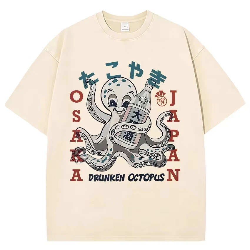 Vintage Washed Osaka Dotonbori Drunken Octopus Funny Graphic T Shirts Japanese Harajuku Short Sleeve Men's Women Cotton T-shirt