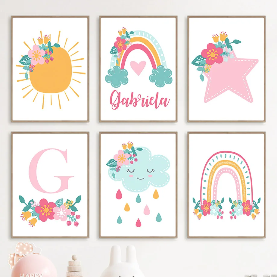 น่ารัก Sun Rainbow เมฆดาวดอกไม้ Nursery Wall Art ภาพวาดผ้าใบการ์ตูนโปสเตอร์และภาพพิมพ์ภาพเด็กทารกตกแต่งห้อง