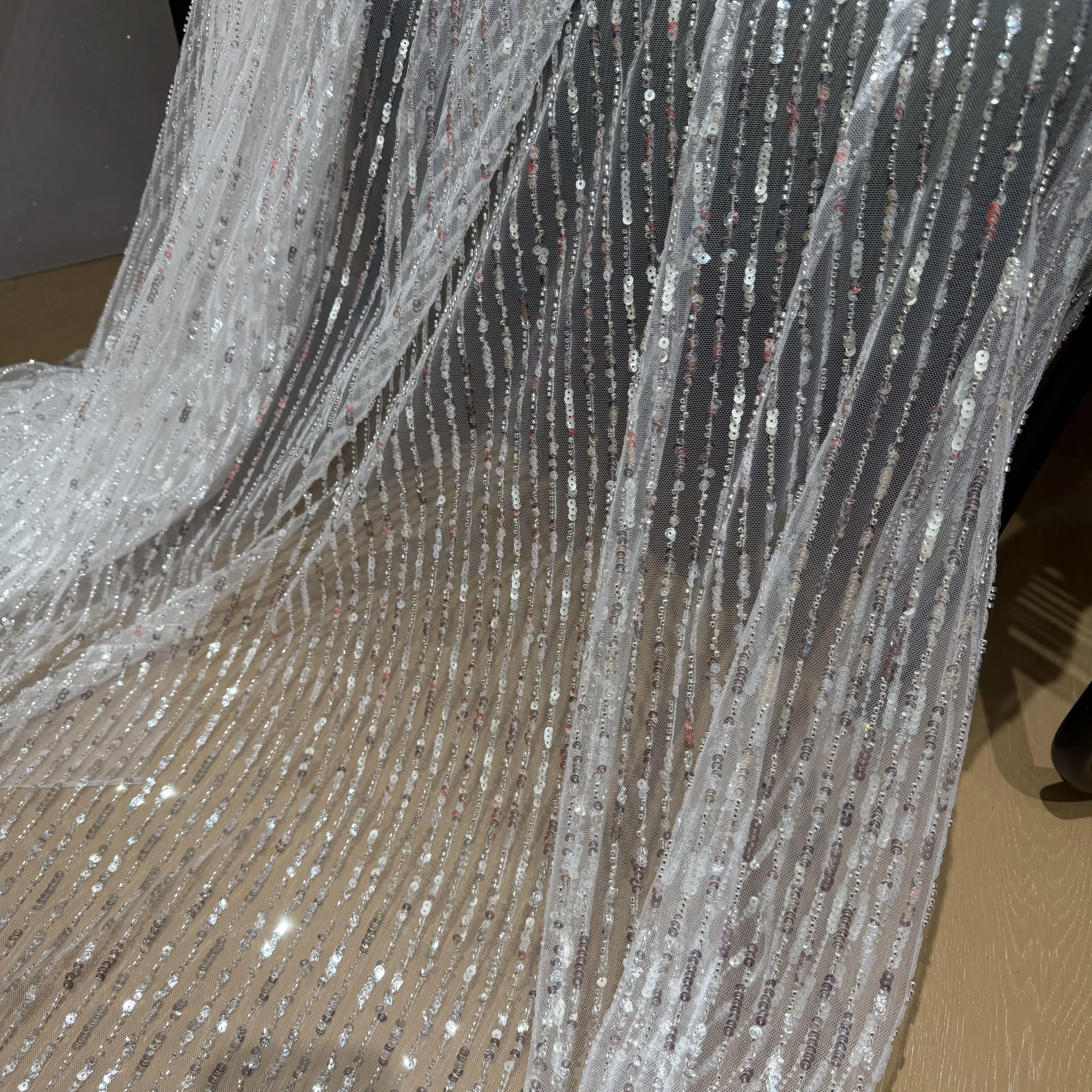 Vertical Stripes Embroidered Lace Sequins Glitter Draping Fabric for Wedding Dress Fabric