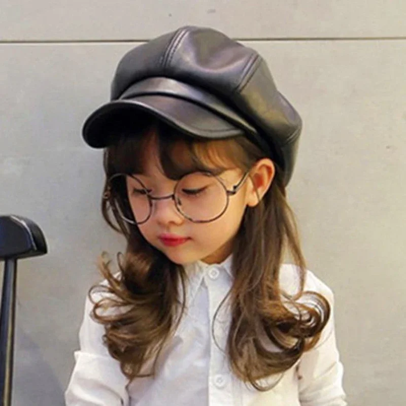 Kids Boys Girls PU Leather Hat 2026 New Arrival Children Princess Retro Beret Cap British Style Plaid Striped Cap Steetwear Hat