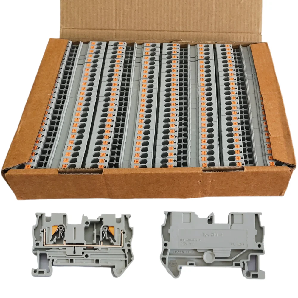 

10/100PCS PT4 Push-in DIN Rail Terminal 4mm² Cable Connector Screwless Electrical Connect Terminal Block for Easy Wiring